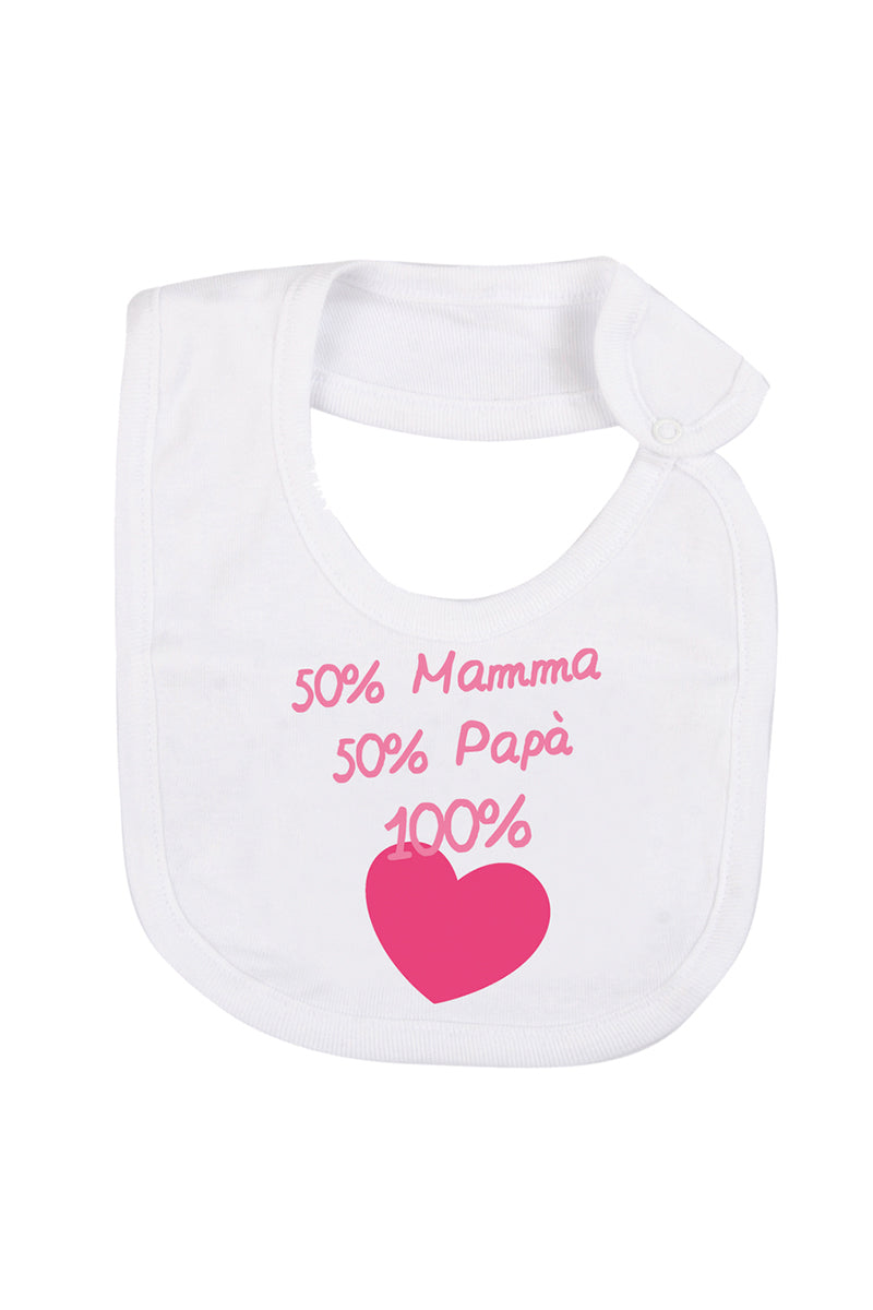 Bavetta in cotone con stampa "50% mamma 50% papà 100% love"