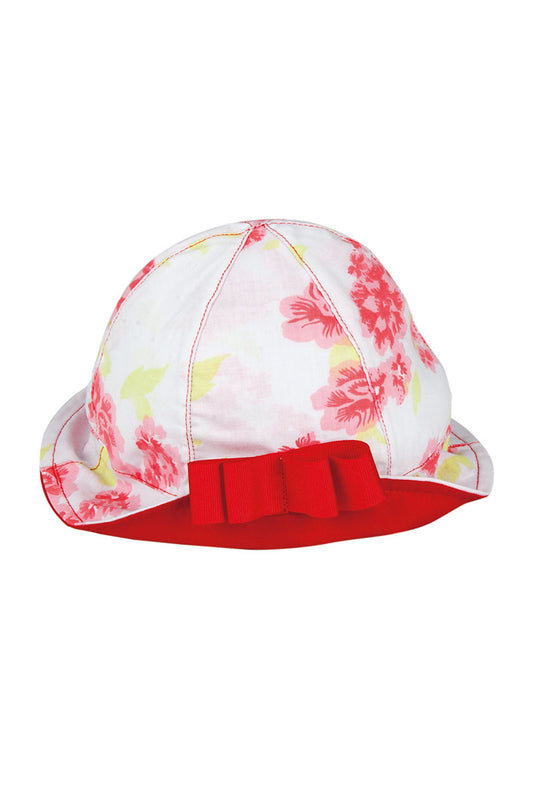 Cappellino in tela di cotone con fantasia floreale e fiocco in grosgrain
