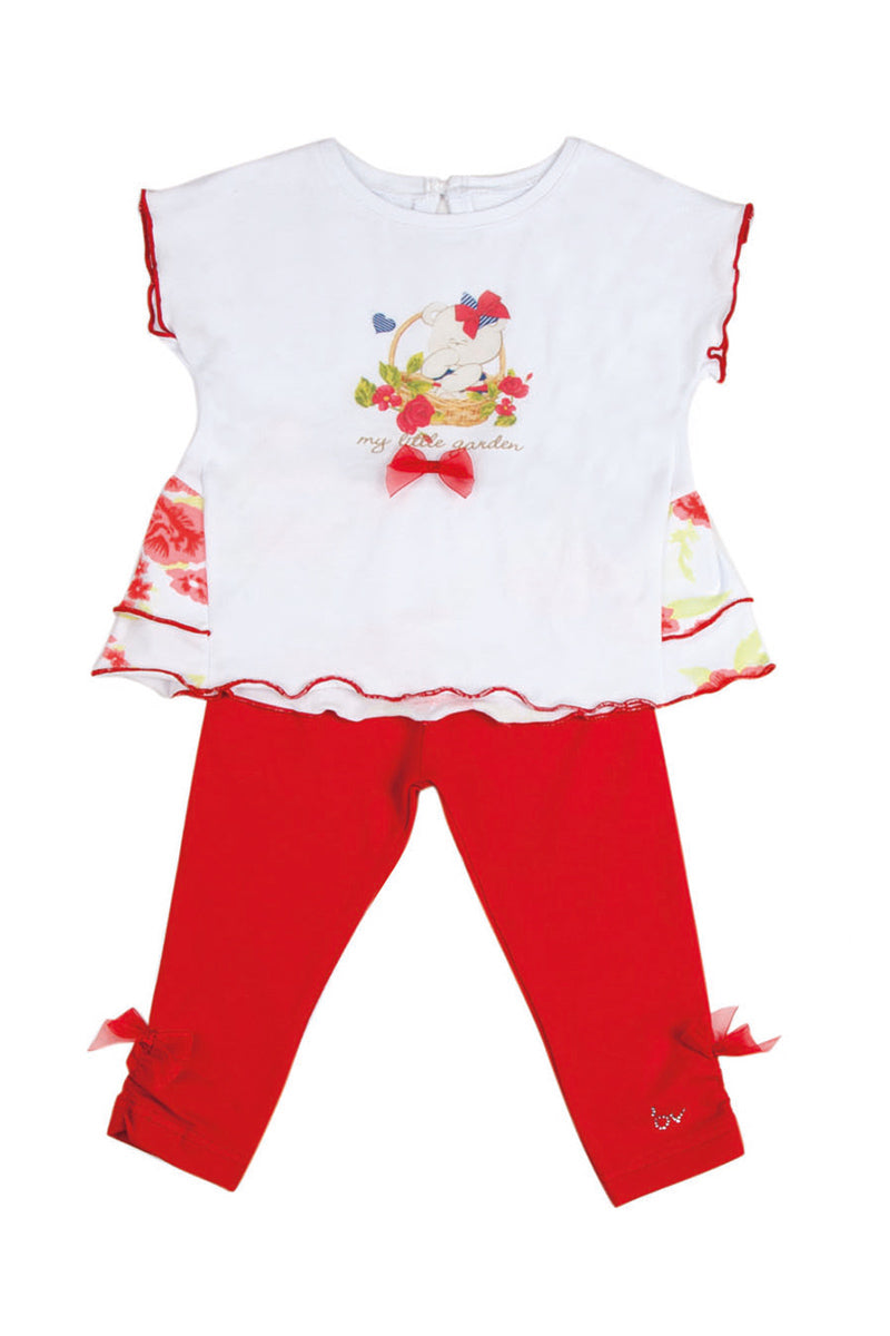 Completo 2 pezzi in cotone elasticizzato con stampa e inserti fantasia floreali