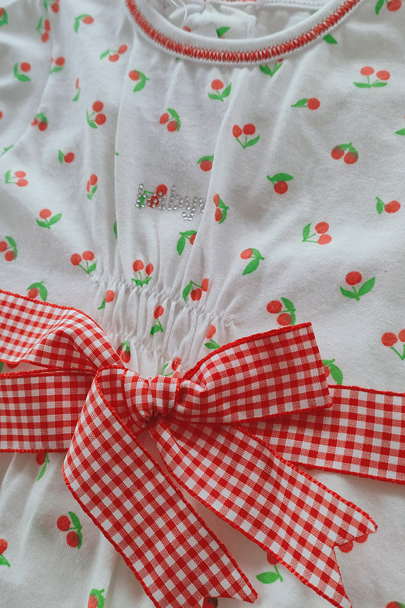 Pagliaccetto mezza manica in cotone con stampa ciliegie e fiocco fantasia vichy