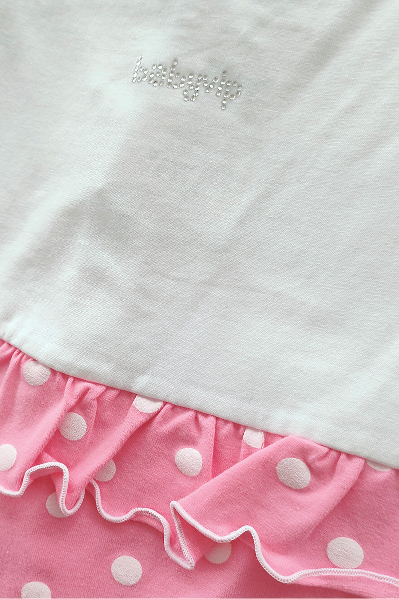 Pagliaccetto mezza manica in cotone elasticizzato con balza a pois e strass