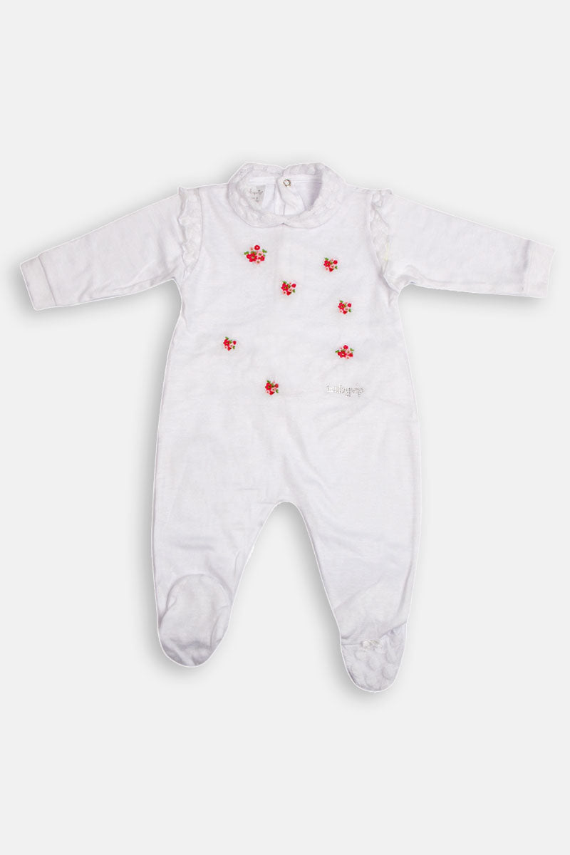 Tutina in cotone jersey con ricamo fiori e inserti in pizzo + strass