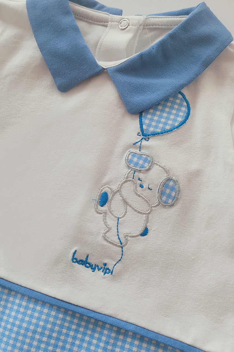 Pagliaccetto mezza manica  in cotone elasticizzato con inserti vichy e ricamo