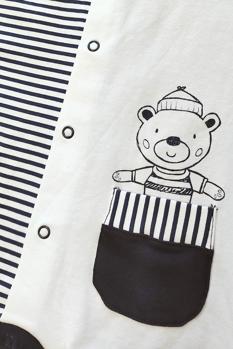 Pagliaccetto spalla larga in cotone elasticizzato con inserti rigati e stampa