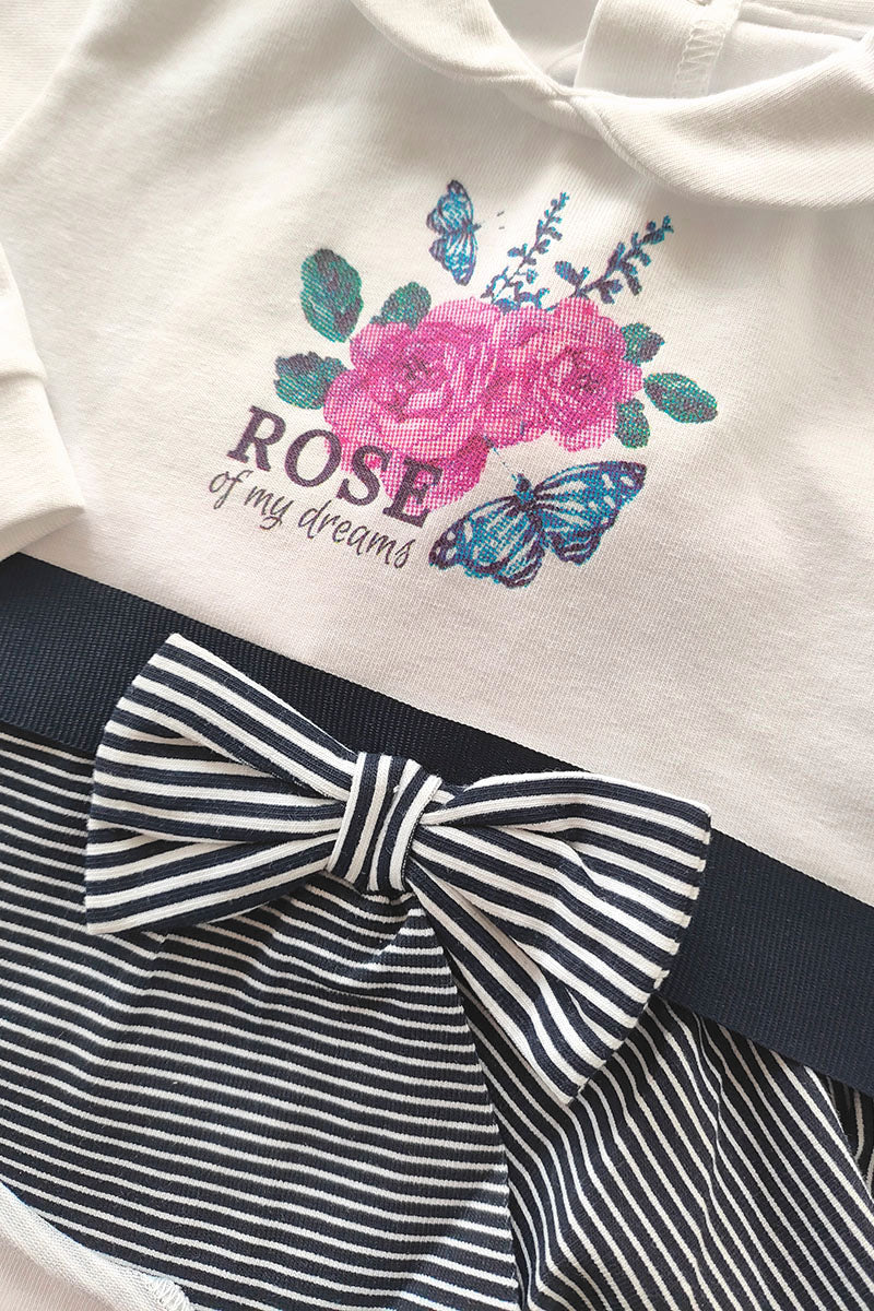 Tutina in cotone elasticizzato con inserti rigati balze e stampa