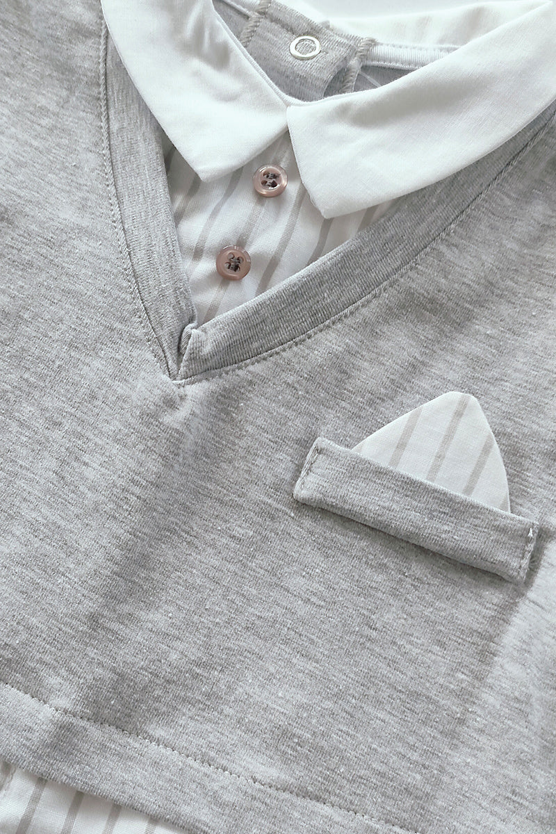 Pagliaccetto mezza manica in cotone elasticizzato con taschino e inserti in tela di cotone rigati