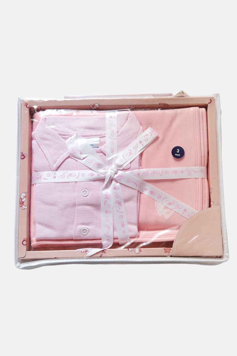 Pacchetto nascita 2 pezzi con body rigato con colletto e copertina in cotone con stampa