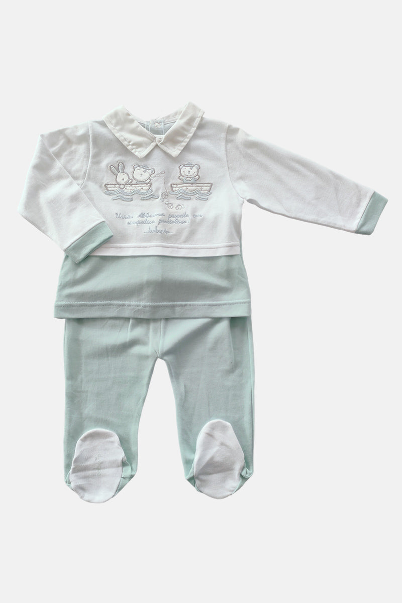 Completo 2 pezzi  in cotone a manica lunga in piquet con ricamo