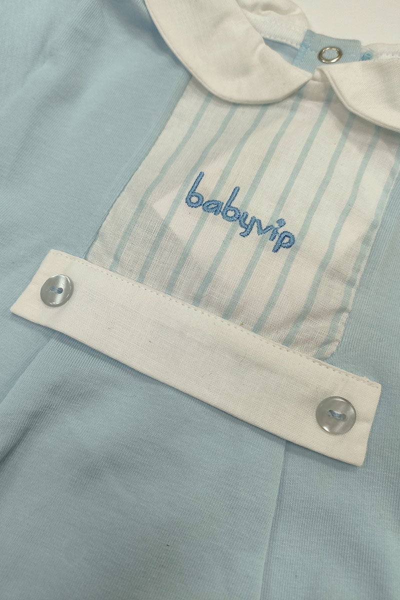 Completo 2 pezzi in cotone Jersey elasticizzato con inserti in tela rigata e ricamino babyvip