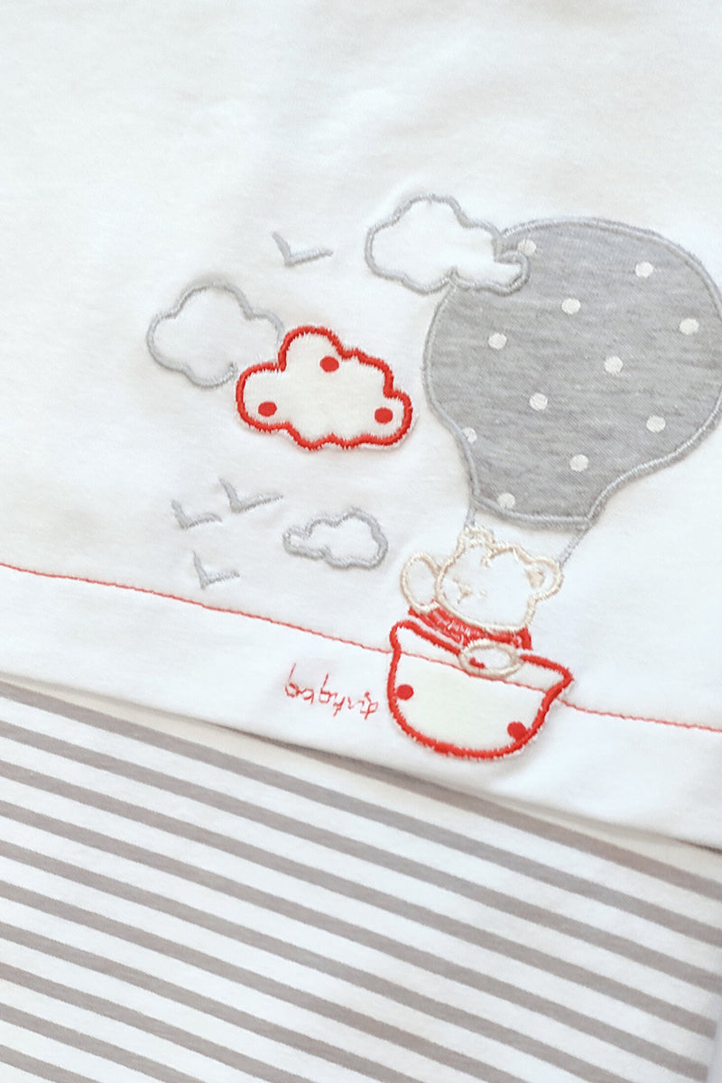 Completo 2 pezzi in cotone elasticizzato con inserto rigato - profili in contrasto e ricamo