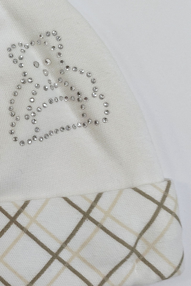 Cappellino in cotone caldo con risvolto e strass orsacchiotto