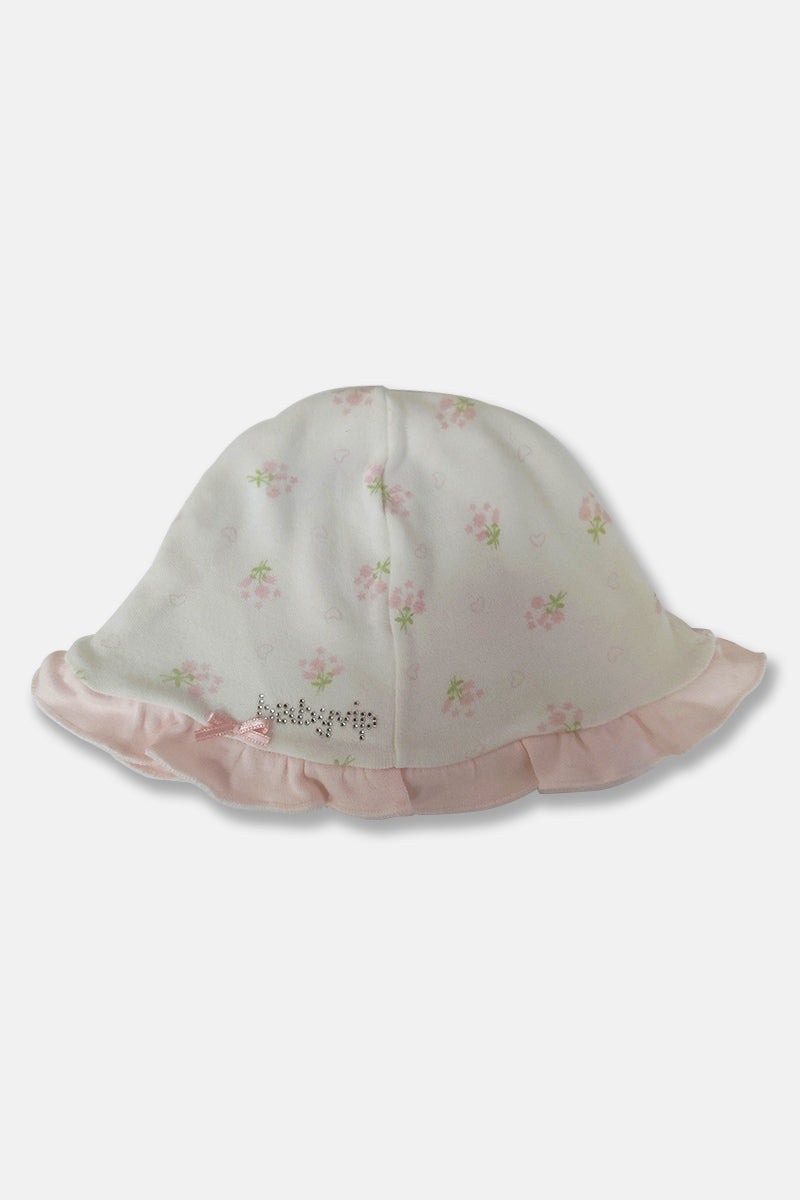 Cappellino in cotone caldo con rouches fiocchettino e scritta in strass