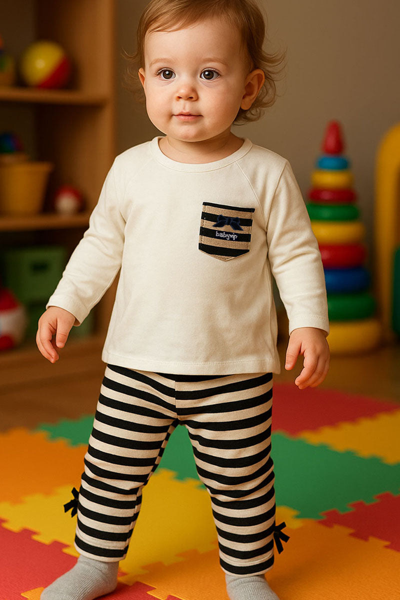 Leggings in cotone elasticizzato rigato con strass fiocchetto e inserti in lurex