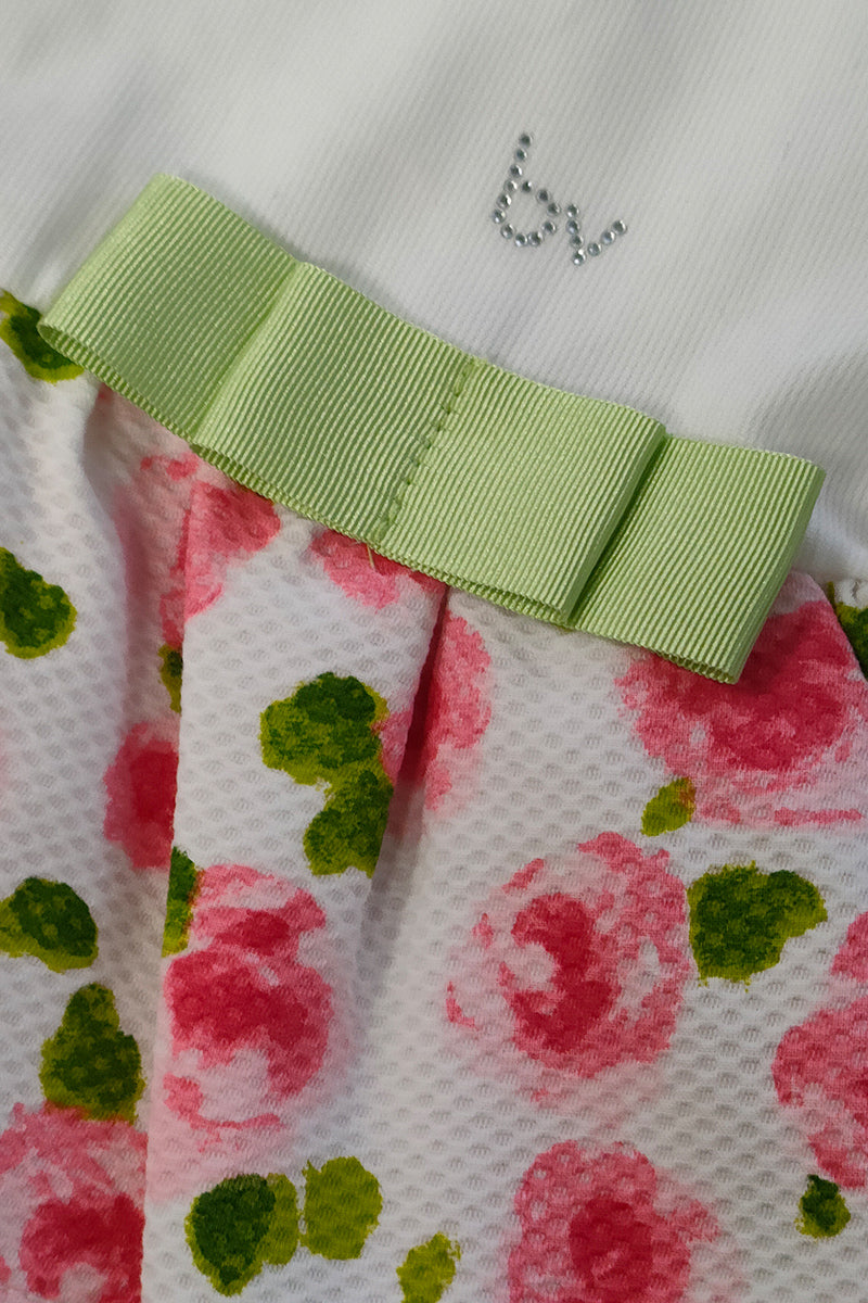 Vestitino smanicato in tela con balza a fiori fiocco in gros e rosa applicata + strass