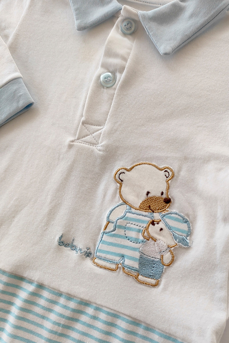 Tutina in cotone elasticizzato con inserti rigati e ricamo