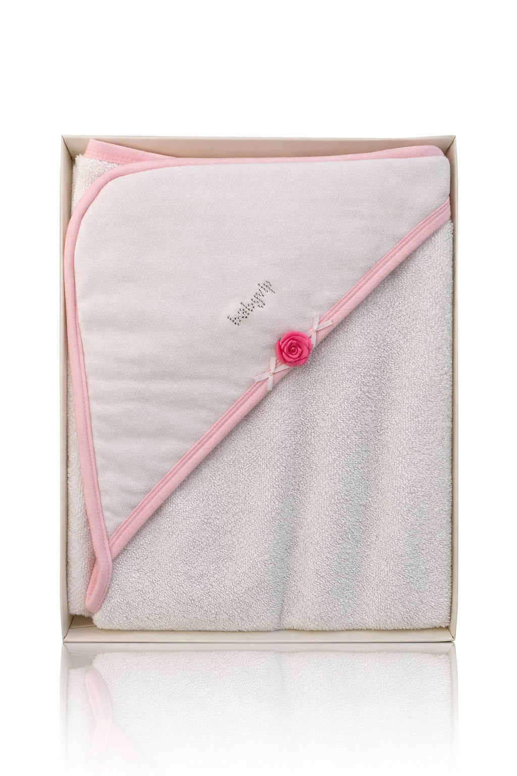 Accappatoio a triangolo in spugna con rosa e fiocchi scritta strass babyvip