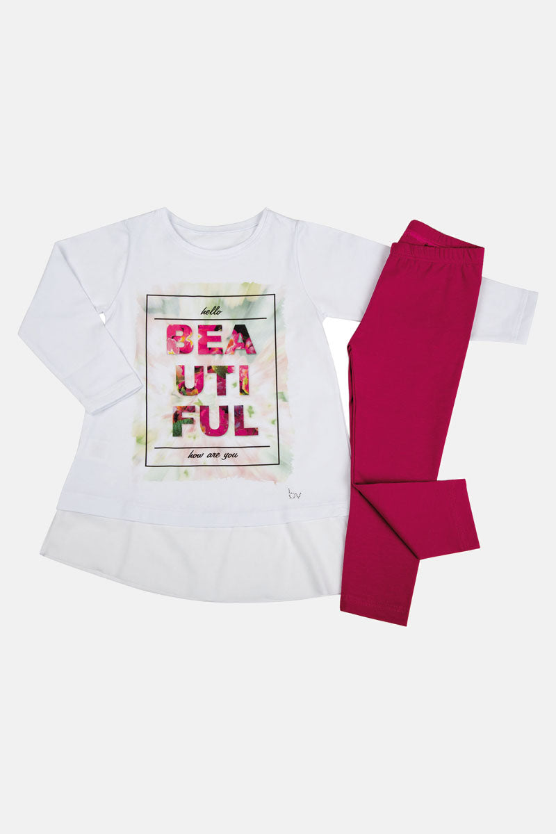 Completo 2 pezzi : T-shirt manica lunga in cotone elasticizzato con stampa e strass + leggings in contrasto