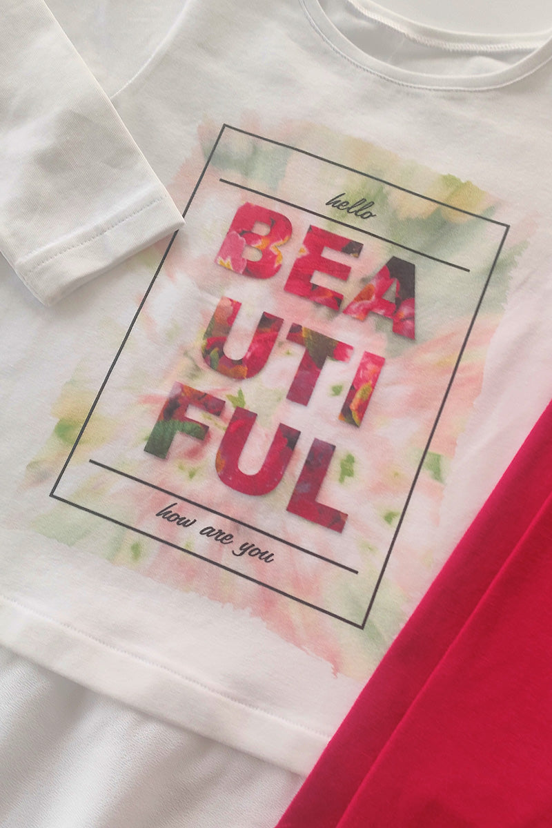 Completo 2 pezzi : T-shirt manica lunga in cotone elasticizzato con stampa e strass + leggings in contrasto