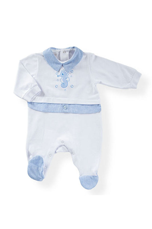 Tutina in cotone elasticizzato con stampa ed inserti in tela effetto lino