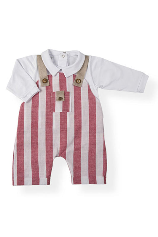 Tutina in cotone elasticizzato con finta salopette in tela effetto lino rigato con taschino e bretelle in juta