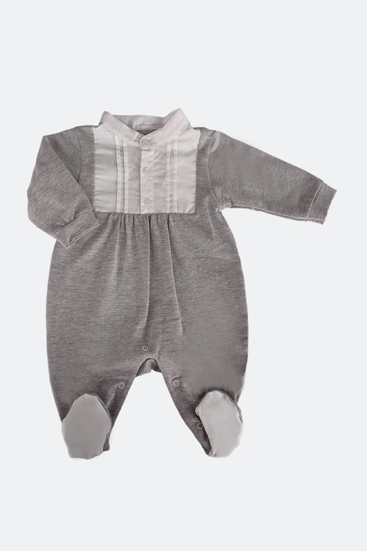 Tutina collo coreano con inserti in tela di cotone con pieghette e bottoncini