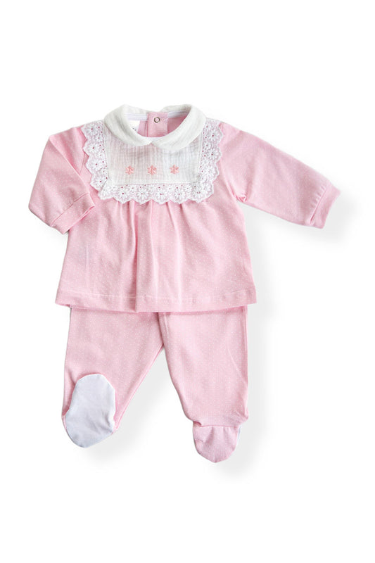 Completo 2 pezzi in cotone elasticizzato con con inserto in mussola, ricamo e applicazione in sangallo