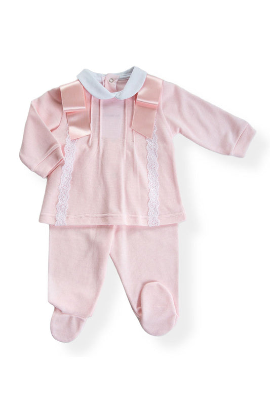 Completo 2 pezzi in piquet con pieghette, pizzo applicato e fiocchi in raso su spalla