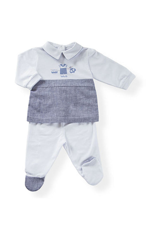 Completo 2 pezzi in cotone elasticizzato con stampa ed inserti in tessuto effetto lino