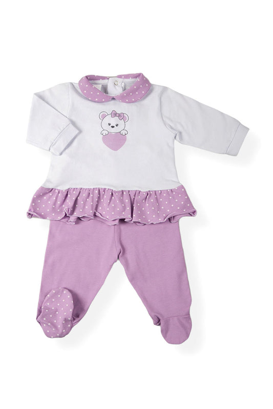 Completo 2 pezzi in cotone elasticizzato con stampa inserto in contrasto e balza arricciata fantasia pois