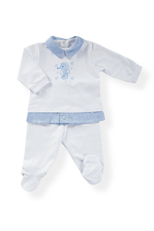 Completo 2 pezzi in cotone elasticizzato con stampa ed inserti in tessuto effetto lino