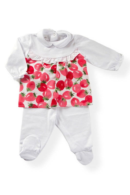 Completo 2 pezzi in cotone elasticizzato con taglio carrè - balza ed inserto in tela di cotone organico fantasia fragole