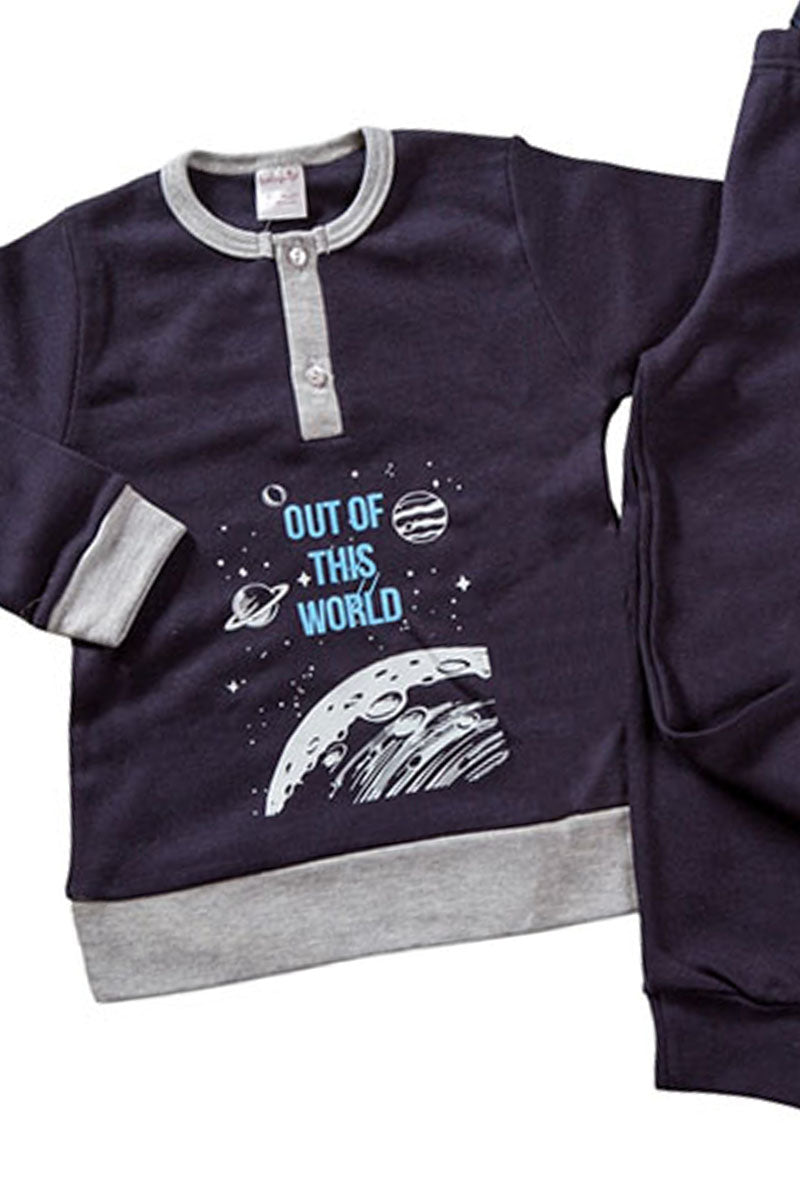 Pigiama in caldo cotone con stampa, fenda e bordi in contrasto