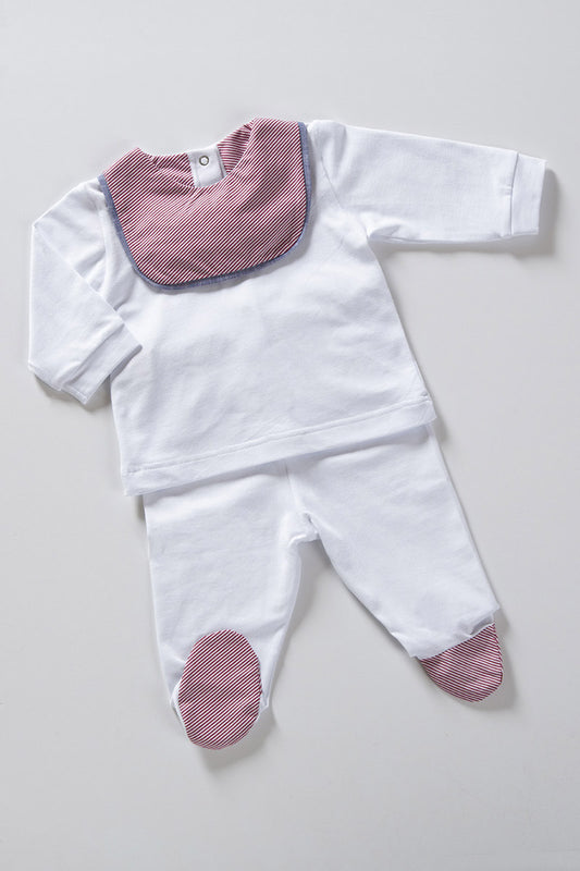 Completo 2 pezzi in cotone elasticizzato con collo alla marinara in tela di cotone rigato e profilo in contrasto