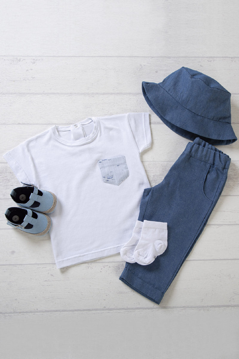 Completo 2 pezzi: T-shirt in cotone jersey con taschino in tela fantasia balene - Pantalone in tela jeans con tasche
