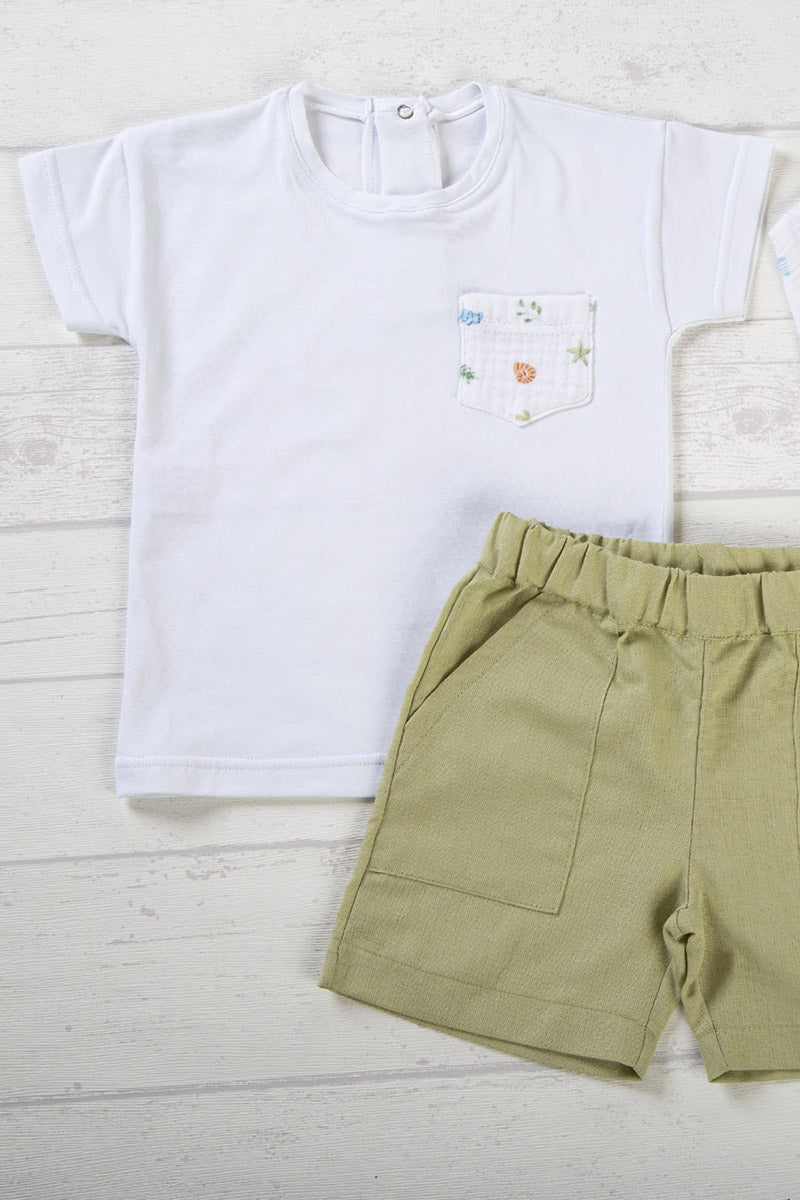 T-shirt mezza manica in cotone jersey con taschino in mussola fantasia mare