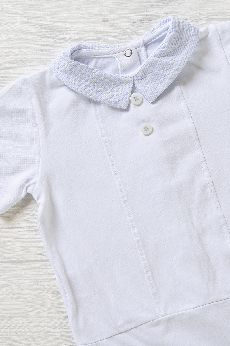 Body a camicia in jersey elasticizzato con colletto in tela di cotone goffrata millerighe con bottoni e pieghette