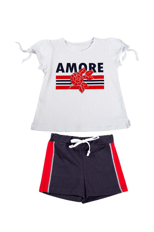 Completo mezza manica in cotone elasticizzato con stampa e pantaloncino con bande laterali in contrasto