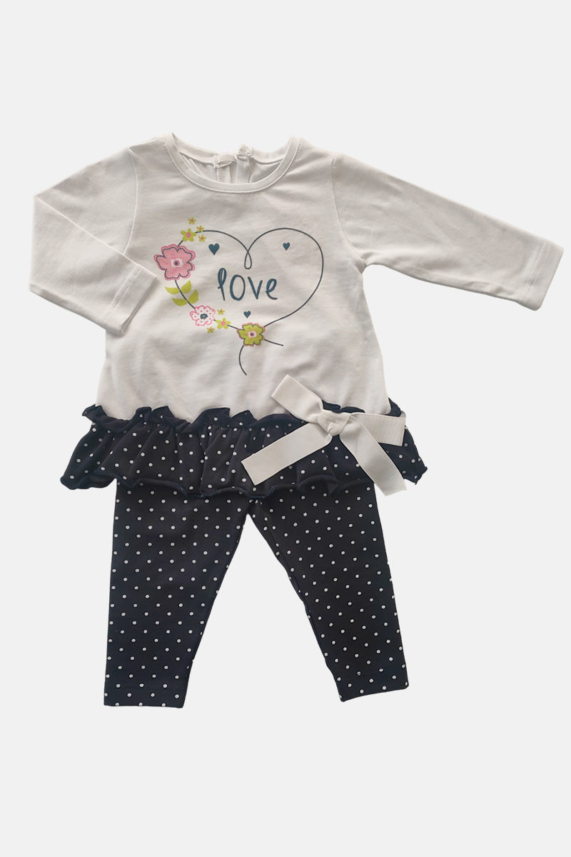 Completo manica lunga in cotone elasticizzato con stampa, balza e fiocco con leggings a pois