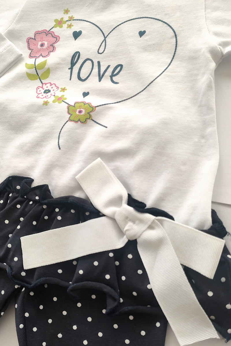 Completo manica lunga in cotone elasticizzato con stampa, balza e fiocco con leggings a pois