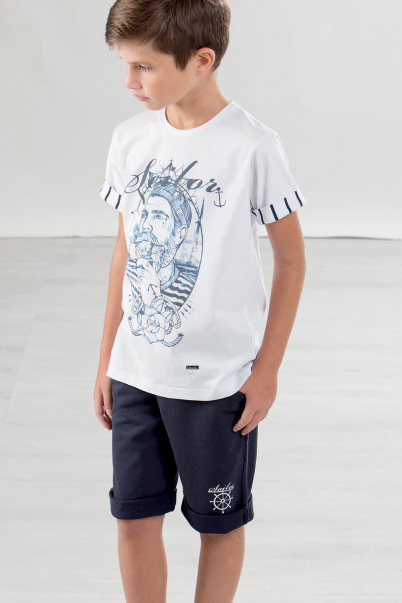 Completo mezza manica con bermuda in cotone elasticizzato rigato con stampe e risvolti