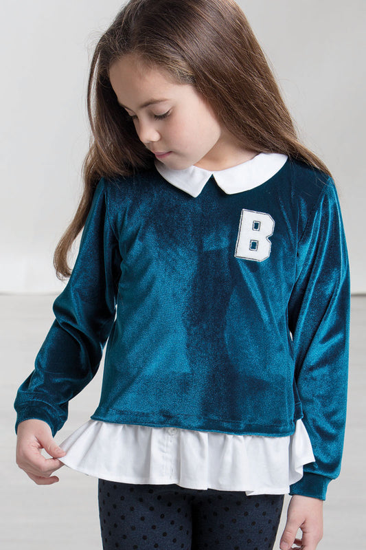 Maglia in velluto con inserti in tela di cotone effetto camicia, ricamo lato cuore con inserto in ecopelliccia