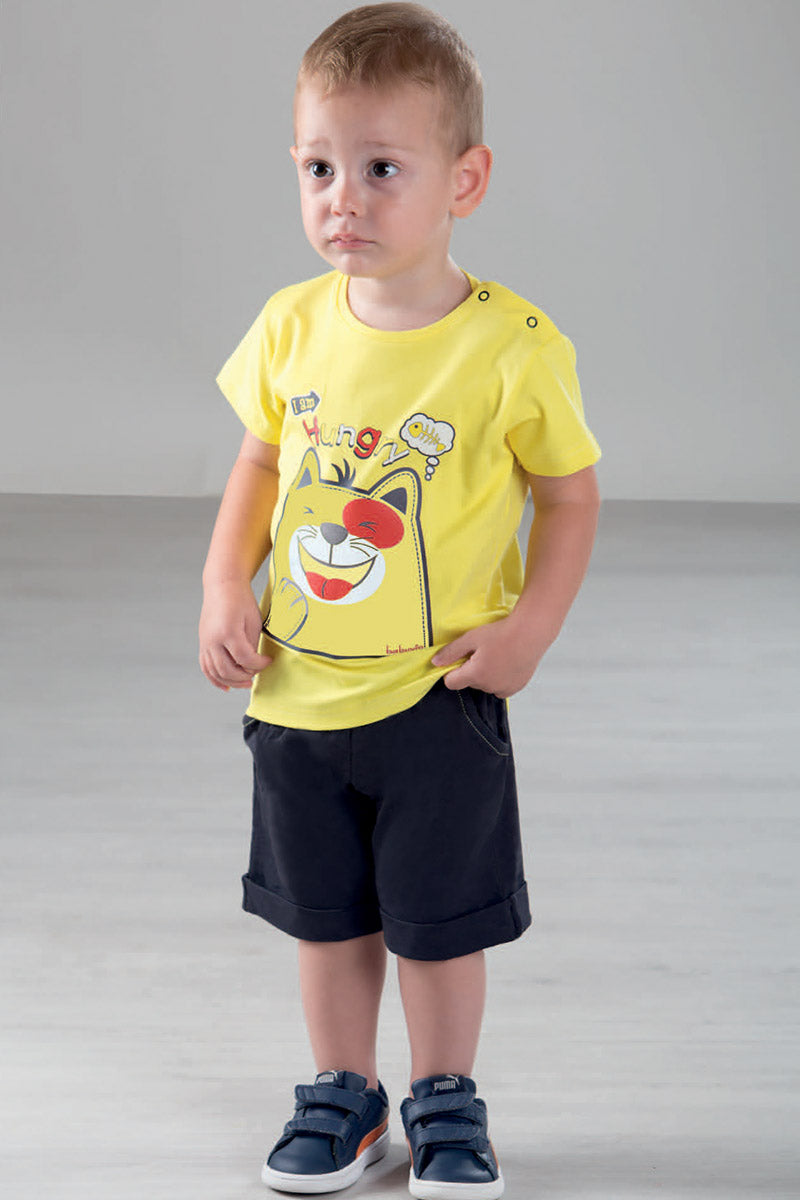 Completo in cotone elasticizzato con stampa e pantaloncino con fascia in contrasto
