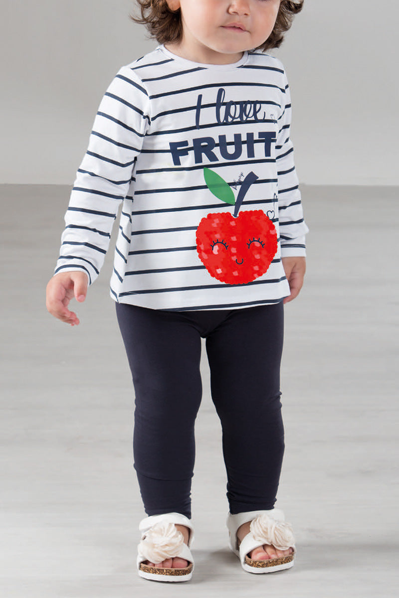 Completo manica lunga in cotone elasticizzato rigato con stampa, e leggings in cotone elasticizzato