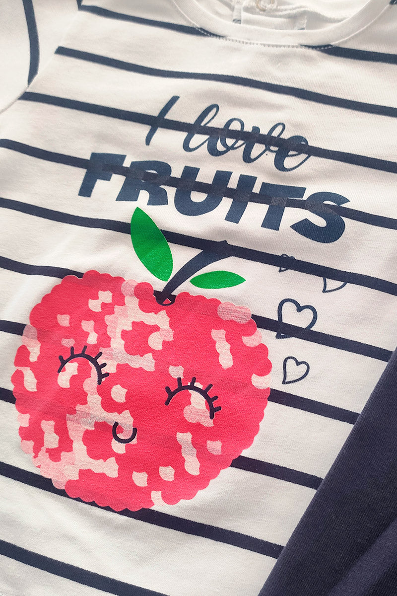 Completo manica lunga in cotone elasticizzato rigato con stampa, e leggings in cotone elasticizzato