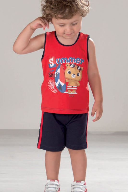 Completo in cotone con stampa, profili in contrasto + pantaloncino con bande laterali