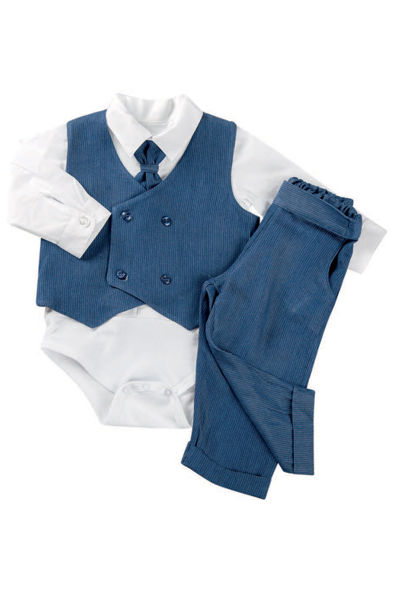 Completo 3 Pezzi: Body a camicia m/l in tela di cotone con cravattino staccabile + gilet doppio petto in tessuto gessato + pantalone con tasche e risvolti