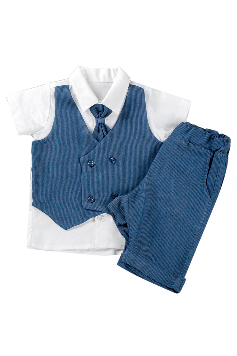 Completo 3 PezziI : Body a camicia in tela di cotone con cravattino staccabile + gilet doppio petto incorporato in tessuto gessato + bermuda con tasche e risvolti