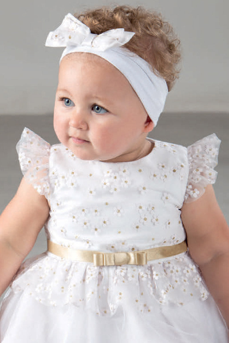 Vestitino in tela di cotone con inserto in tulle stampato fantasia floeale con glitter e nastro glitter con fiocco chanel+ Mutandina in tela di cotone bianca abbinata