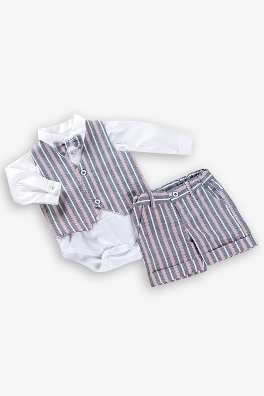 Completo 3 pz: Body a camicia in tela di cotone con papillon + gilet in tessuto effetto lino rigato + bermuda con tasche e risvolti sul fondo