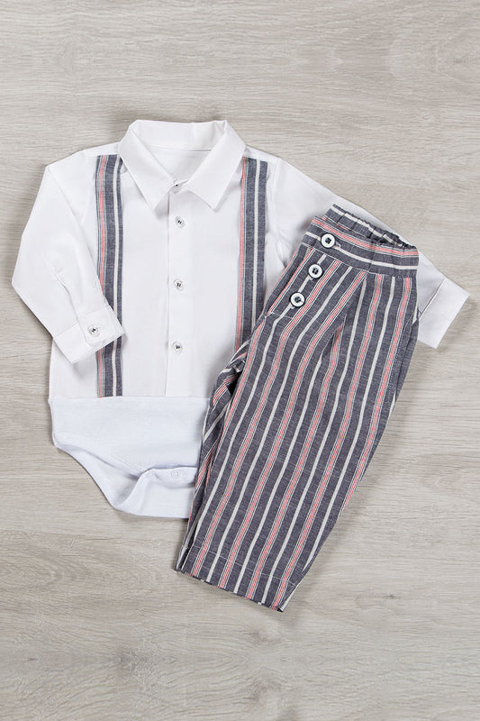 Completo 2 pz: Body a camicia m/l in tela di cotone con bretelle + pantalone in tessuto effetto lino con tasche, pence e bottoncini